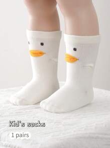 1 Pair Kids Cartoon Duck Print Mid-Calf Socks, Solid Color Infant Floor Socks, For Spring & Summer