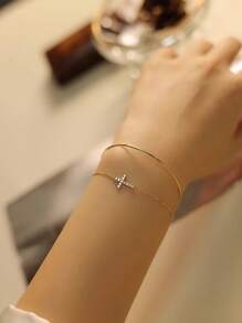 1pc Fashion Diamond-Studded Cross Design S925 Sterling Silver Bracelet, Suitable As Wedding & Bridal Gift For Women - Gold Bracelet - View 5