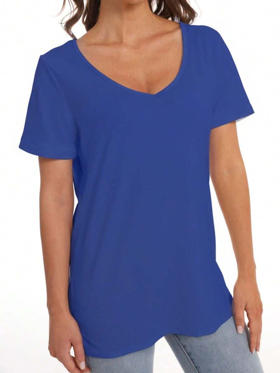 laozuy Women Fashion Deep V-Neck Short Sleeve Tops Solid Casual Loose Basic T Shirt - Royal Blue - View 1