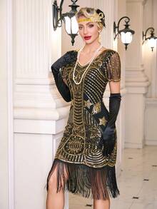 1920s Flapper Dresses, Great Gatsby Dresses For Women Short Sleeve Fringe Roaring 20s Costumes For Harlem Nights Flapper Dresses 20s, Party Dress, For Cocktail - Gold - View 5