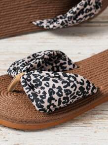 女士豹纹休闲波西米亚风沙滩凉鞋，轻便柔软舒适厚底防滑编织露趾人字拖平底拖鞋，春夏