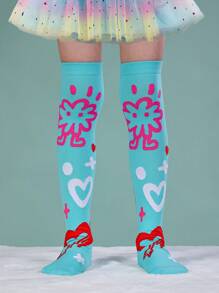 1 Pair Girls Over The Knee Socks, Blue, Green, Pink Tie-Dye Floral, Heart And Arrow Print, Cute Fashion Versatile Socks Suitable For Party, Holiday, Easter Gift, Casual, Sports, School Outfit - Multicolor - View 7