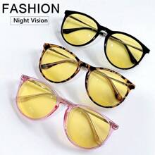 1pc Fashionable Circular Night Vision Glasses, Protection, Yellow Lens Suitable For Driving At Night, Great Gift For Friends For Summer Beach Vacation,Outdoor,Travel