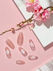 24pcs Oval Shiny Pink Floral Nail Wraps - Includes 1pc Gel Nail Polish And 1pc Nail File, Suitable For Women's Daily Nail Art Decoration
