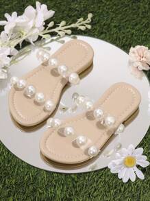 Girls Faux Pearl Decor Strap Sandals Casual Beach Slippers, Available In Small, Medium And Large Sizes, 2025 New Collection - White - View 6