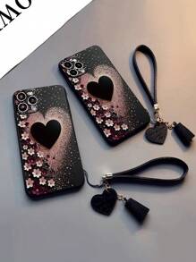 1pc Perforated Edgy Floral & Heart Decorative Thickened Shockproof Painted Phone Case With Detachable PU Leather Heart Wrist Strap, DIY Phone Case Accessory, Leather Tassel Pendant Wristband Compatible With IPhone Galaxy Redmi Waterproof Anti-Fall Scratch Resistant