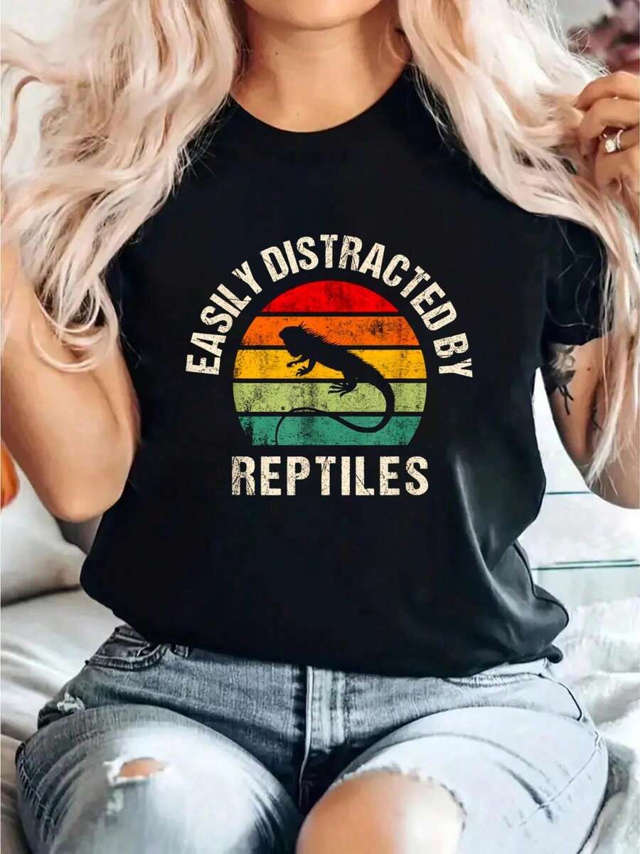 Easily Distracted By Reptiles Funny Reptile Lovers Women Men T-Shirt Print T-Shirt, Casual Crew Neck Short Sleeve Comfort Tee Top For Spring & Summer, Women'S Clothing 100% Cotton - Black - View 1