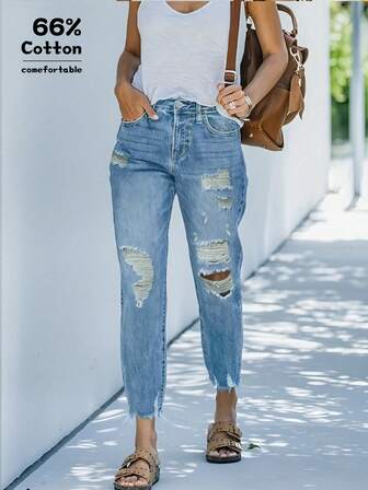 秋季女装女士中腰休闲办公职业装破洞及踝直筒牛仔裤夏季女装牛仔裤