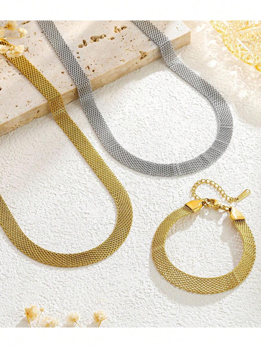 1 套不锈钢时尚欧美金属项链和手链、字母吊坠、性感颈链、女士短项链首饰套装 - 網鏈手鍊項鍊套裝 - 查看 1