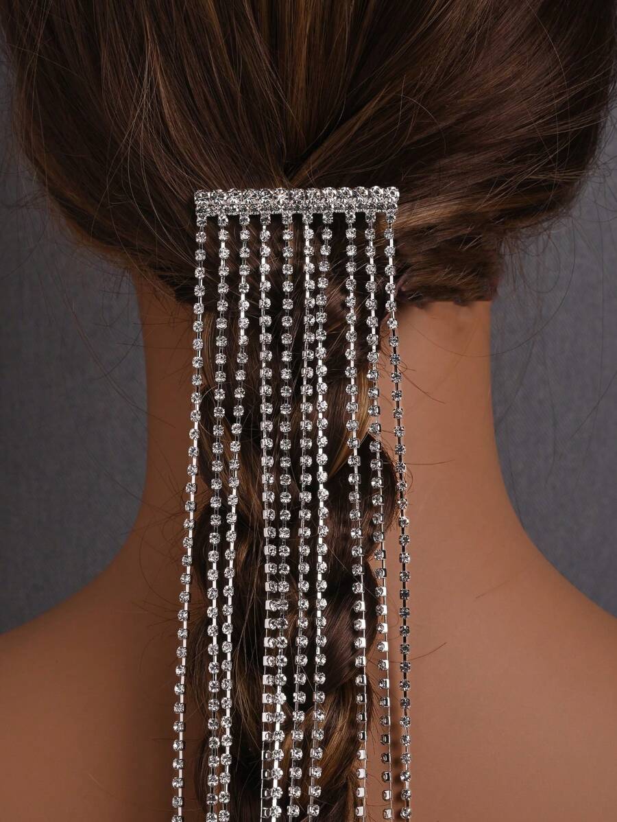 1 件超长水钻流苏发夹，女神时尚发饰，适合婚礼、派对、日常佩戴、拍照 - 銀色 - 查看 1