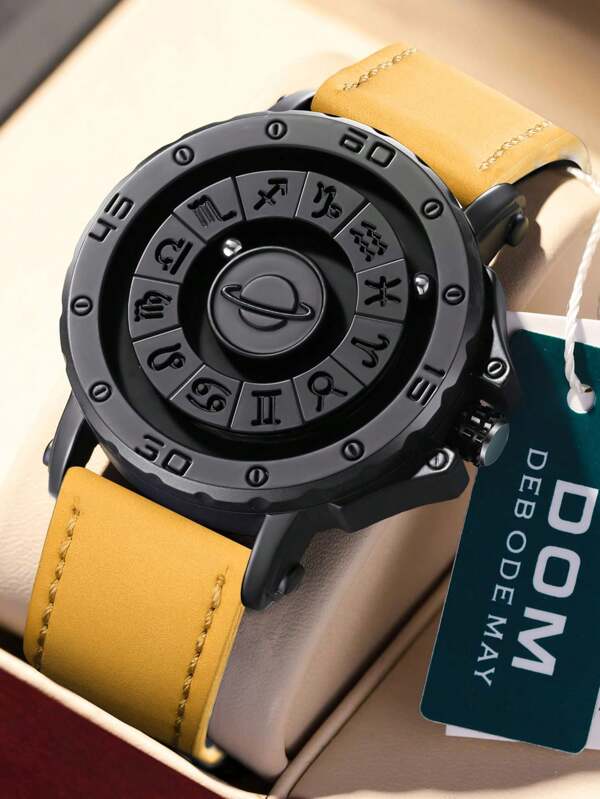 DOM 1pc Men's Watch, Advanced Technology 12 Constellation Magnetic Frameless Leather Strap Waterproof, Fashionable Casual Wristwatch