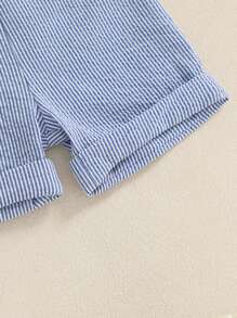 Baby Boy Gentleman Outfit Solid Color Short Sleeve Lapel Neck Romper With Stripe Suspender Shorts And Bowtie - 藍色 - 查看 6