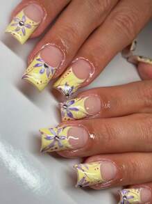 使用 24 件长方形按压指甲礼盒改变您的指甲，春季嫩紫色、蓝色兰花、红色波尔卡圆点、爆闪钻石、鹅黄色奶酪软糖牛奶、经典植物风格法式边缘明亮眼睛闺房礼物、派对假指甲（带果冻胶）、1 件锉刀条 1 件指甲用品