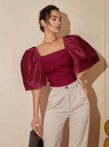 现代菲律宾女式休闲纯色泡泡袖方领衬衫，夏季女式短款上衣商务休闲 - 深紅色 - 查看 1