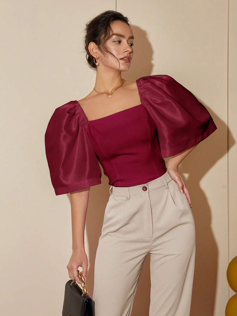 现代菲律宾女式休闲纯色泡泡袖方领衬衫，夏季女式短款上衣商务休闲 - 深紅色 - 查看 1