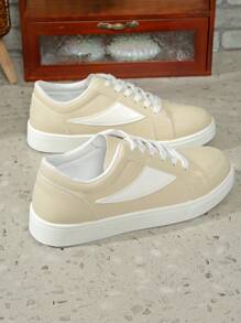 女士卡其色休闲运动鞋，舒适时尚百搭系带防滑学生跑步平底鞋 - 卡其色 - 查看 4