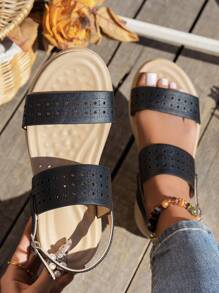 2025 夏季女士厚底轻便防滑舒适休闲旅游运动沙滩凉鞋 - 黑色 - 查看 2