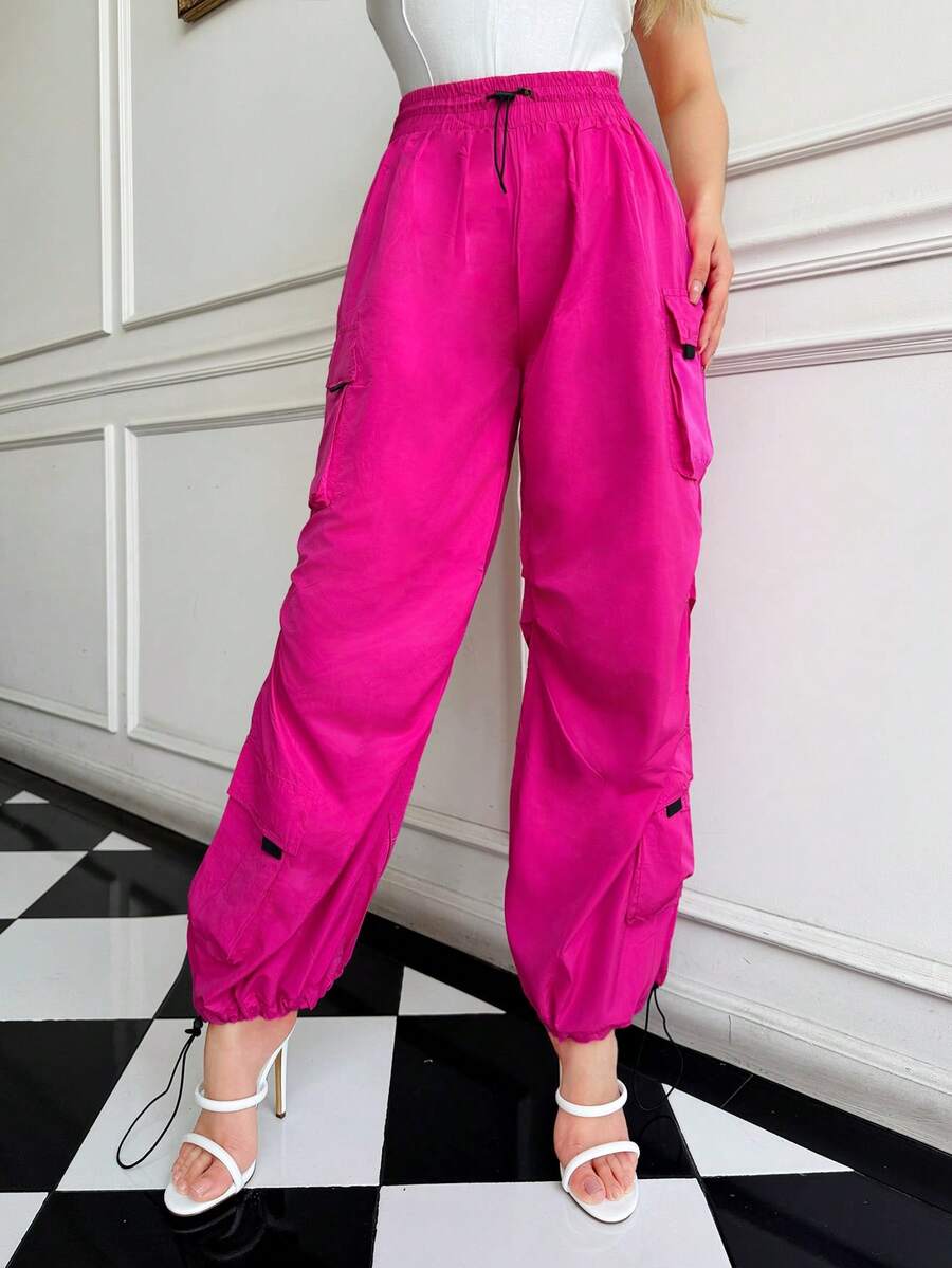 Pantalones cargo con cintura de cordón y bolsillos con solapa - Rosa Fucsia - Ver 1