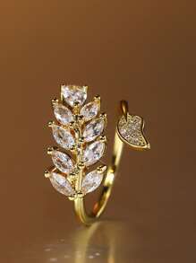 rakol 1 件方晶锆石优雅麦叶装饰开口戒指，适合女性日常佩戴