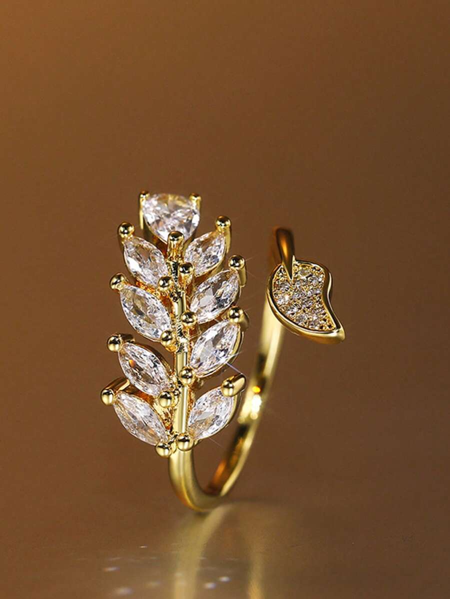 rakol 1 件方晶锆石优雅麦叶装饰开口戒指，适合女性日常佩戴