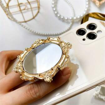 Retro European Pattern Mirror Creative Phone Air Cushion Stand, Foldable Slouchy Desktop Round Mirror Holder, Perfect Gift For Phone