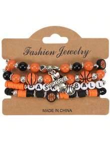 4Pcs/Set Bohemian Sports-Themed Polymer Clay Bracelet Featuring Elements Of Rugby Basketball Soccer Baseball And Volleyball For Women's And Men's Daily Wear Holiday