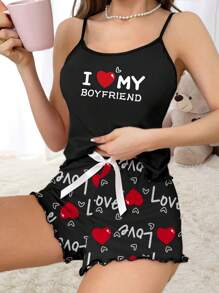 Pijamale pentru cupluri, set de pantaloni scurti și top cu bretele subțiri pentru femei de vară cu imprimeu cu litere "I Love My Boyfriend", îmbrăcăminte romantică pentru acasă