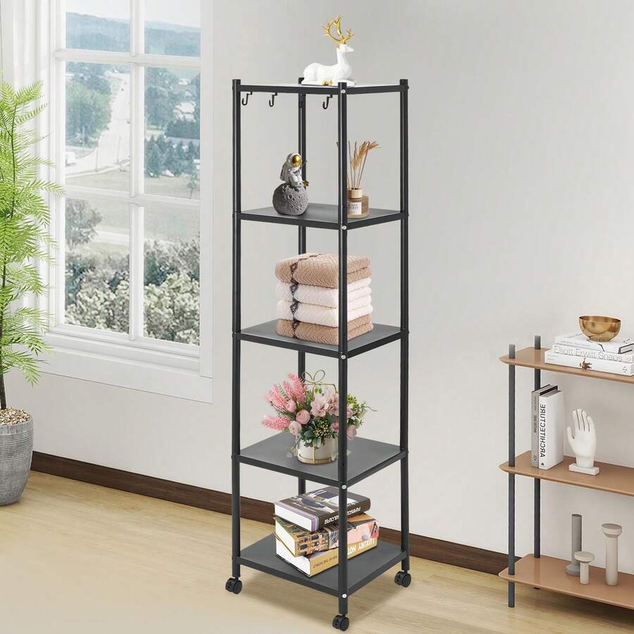 Mensola in piedi, mensola in metallo robusto a 5 ripiani, mensola da cucina sottile, mensola portaoggetti con ruote e piedini antiscivolo per garage, cucina, ufficio, libreria, angolo, nero - nero - Visualizzare 1