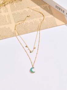 Nooxian 1pc Gold-Tone Chain Necklace With Star & Moon Pendant, Fashion Jewelry - Minimalist Personalized Delicate Blue Moon & Star Choker Necklace (Random Zirconia, Star, Pearl Quantity) (No Gift Box) - Yellow Gold - View 6