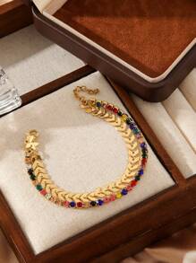 1条18K镀金不锈钢珍珠手链，时尚女式手链，适合派对、约会、办公场合佩戴 - 金黃色 - 查看 8