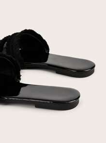 Black Shiny Fuzzy Ball & Tassel Decor Boho, Vacation Style Women Flat Sandals, Random Length & Quantity Of Fuzzy Balls & Tassels,Spring Summer Outfits - Black - View 7