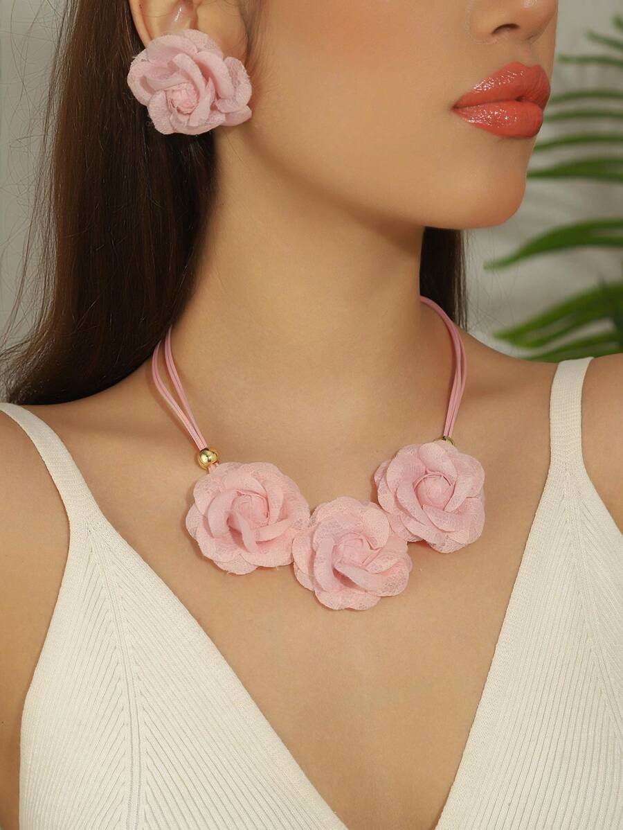 3 件套手工花卉围兜项链和耳环套装，波西米亚风复古优雅多巴胺花朵项链吊坠和耳环首饰套装，适合日常、节日、派对、婚礼、伴娘、音乐节 - 粉色 - 查看 1