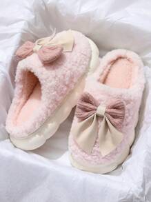 Women's Bow Plush Slippers, 2025 New Autumn/Winter Indoor Warm Non-Slip Slippers, Thick Sole Home Shoes, White & Khaki