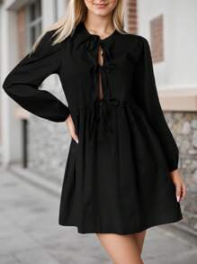 SANOPY Dresses For Women,Casual Dresses For Women,Puff Sleeves Cute Doll Dress A-Line Bust Lace Up, Solid Color Long Sleeves Short Dress - 黑色 - 查看 3