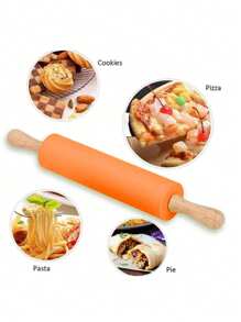 1pc Silicone Rolling Pin With Wooden Handle, Non-Stick Dough Roller