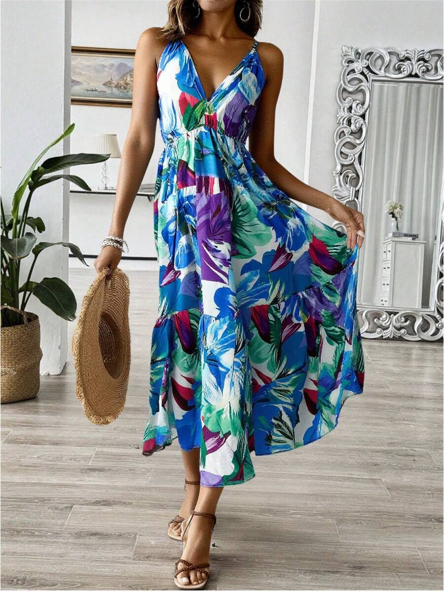 Vestido camisero con volantes en el dobladillo con estampado tropical