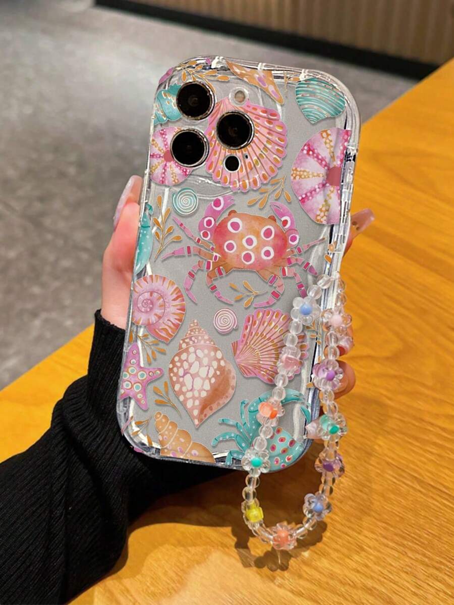 奶油质感波浪边油彩螃蟹图案防摔手机壳，配手工串珠手链，兼容 XR/7/8、16/16 Pro/16 Pro Max、15 Pro Max、13、14、11，软壳，兼容三星Galaxy，兼容红米Note 11/11 Lite，国际版，非国内版