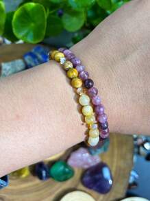 1pc Yellow Quartz Beaded Bracelet, 6mm, Handmade Jewelry, Symbolizing Wealth And Success, Unisex Everyday Wear, Jewelry Gift - Yellow - View 6