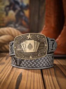 1pc Boho Western Cowboy Style Poker Embossed Metal Buckle Vintage Dark Brown PU Leather Belt Summer, School Casual, Business, Boyfriend Husband Father Dad Men Gift, Daily Wear, Fashion, Teen, Outdoor, Vacation, Athletic, Travel, Street, Boho, Vintage Fall, Autumn, Halloween Autumn-Winter Accessories,Suitable For Teens, Youth,Men,Casual, Outdoor, Athletic, Vacation, Graduation Gifts, Birthday, Daily Wear - As Shown - View 4