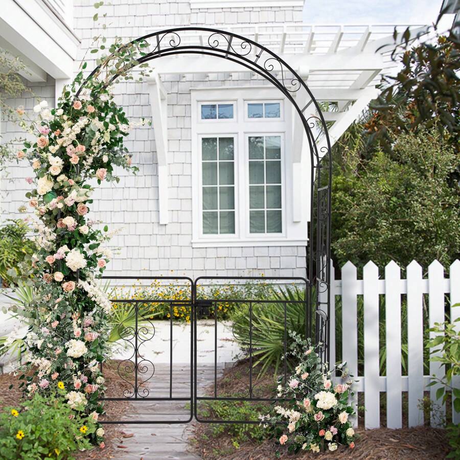 SUNROAD 7ft Double Layer Arched Roof With Black Wrought Iron Arched Courtyard Gate - Black - View 1