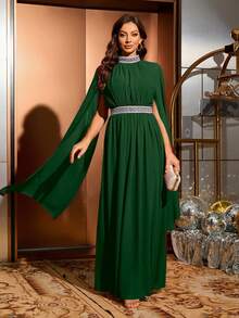 Long Sleeve Chiffon Patchwork Sequins Trim Waist Maxi Chiffon Arabic Formal Dress,Modest - Dark Green - View 3