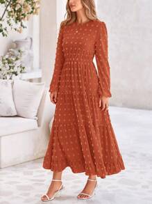 Women's Autumn Spring Elegant Long Sleeve Long Dress Swiss Polka Dot A Elegant Casual Holiday Wedding Party Going Out Dress - Đỏ gạch - Xem 5