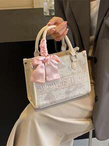 1 件时尚新款 PU 刺绣手提包，适合通勤、旅行、日常外出、约会礼物，简约优雅，大容量多功能女士单肩包 - 米色 - 查看 7