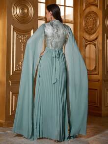 Patchwork Embroidered Trim Abaya Dress - Green - View 2