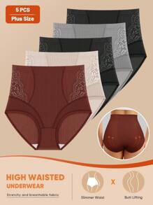 MEIYATING 5pcs Plus Size Women High Waist Leak Proof Lace Trim Triangle Panties, Breathable Mesh Summer Underwear - Multicolor - View 5