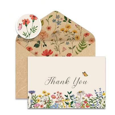 优雅蝴蝶感谢卡套装 - 花卉贺卡配牛皮纸信封和蜡封贴纸，非常适合婚礼、生日、家人、朋友和毕业礼物