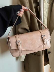 时尚简约粉色 PU 翻盖法棍包，女士通勤百搭单肩包，约会购物小方形斜挎包，节日礼物 - 粉色 - 查看 1