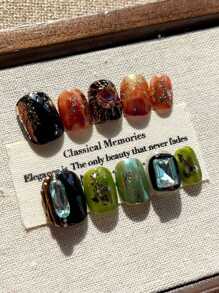 10 件手工可穿戴美甲假指甲、手绘粉色猫眼油画挤压卡通 3D 马卡龙手绘涂鸦手工指甲、短梯形按压指甲、迷人按压指甲、短吻按压指甲、手绘短指甲、极简设计指甲、全假指甲、Y2K 指甲、独特创意假指甲、促销日常指甲、可重复使用的日常指甲，适合女性和女孩在派对和晚宴上使用、美甲用品指甲