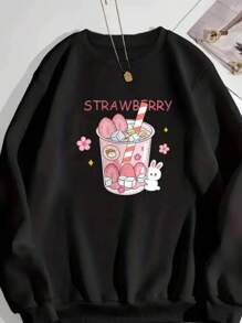 Moelton Crew Neck Strawberry Print 100% Cotton Cute - 黑色 - 查看 2