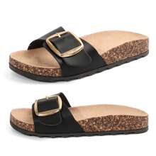 Women's Adjustable Cork Footbed Slippers - Open-Toe Sandals With Stylish Buckle Design